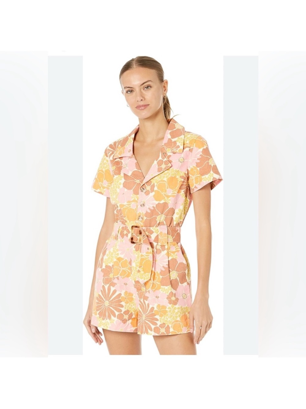 Floral Short Sleeve Belted Romper in Pink & Orange, Show Me Your Mumu, size XL